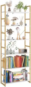 6 tier white and gold bookshelf; freestanding storage shelf with metal frame; tall organizer for living room