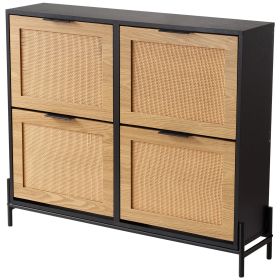 VEVOR Rattan Shoe Cabinet, Narrow Shoe Storage Organizer with 4 Flip Drawers, Slim Shoe Entryway Storage Cabinet with Metal Legs, Ideal for Entry