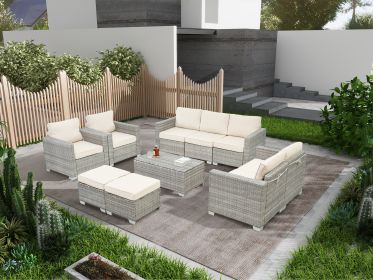 10 Piece PE Rattan Patio Furniture Set, Sectional Sofa Set, Outdoor Patio Furniture Set With Cushions & Tempered Glass Coffee Table