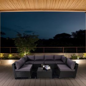 7-Piece Outdoor Patio Furniture Sets, All-Weather Wicker Rattan Sectional Sofa, Modern One Glass Coffee Table and Washable Seat Cushion (Black+Gr