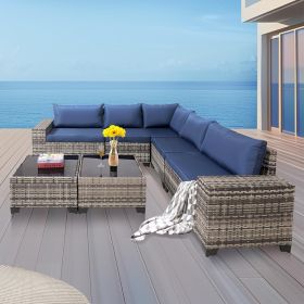 7-Piece Outdoor Patio Furniture Sets, All-Weather Wicker Rattan Sectional Sofa, Modern Two Glass Coffee Table and Washable Seat Cushion(Grey Blue